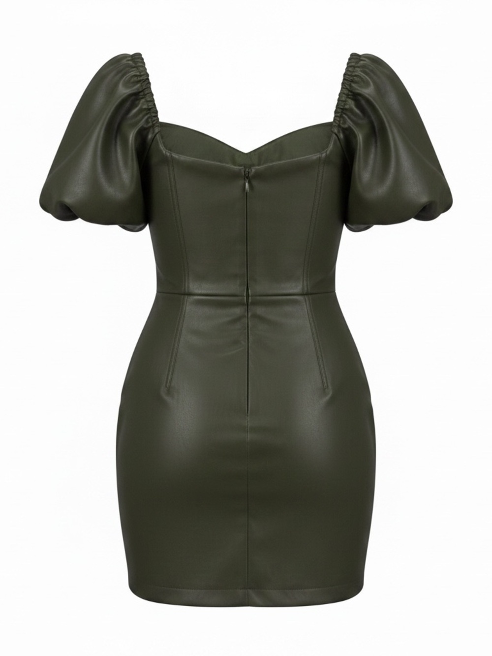 Olive Puff-Sleeve Faux Leather Mini Dress
